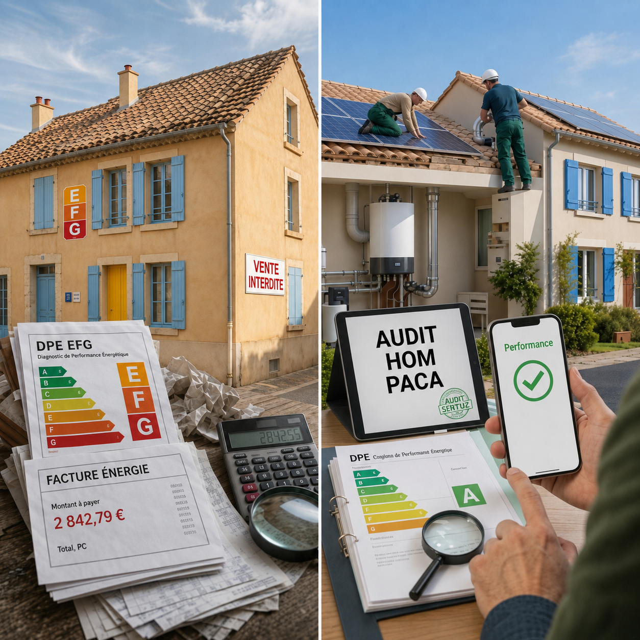 Audit énergétique avant vente : maison classée E, F ou G avec facture élevée, puis installation solaire et DPE amélioré par AUDIT HOM PACA